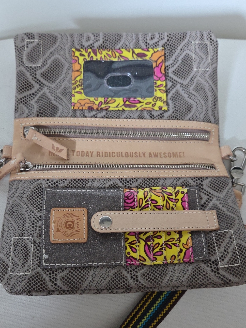 Consuela Taupe Snake-Print Crossbody with Multicolor Stripe Strap - Picture 3 of 4